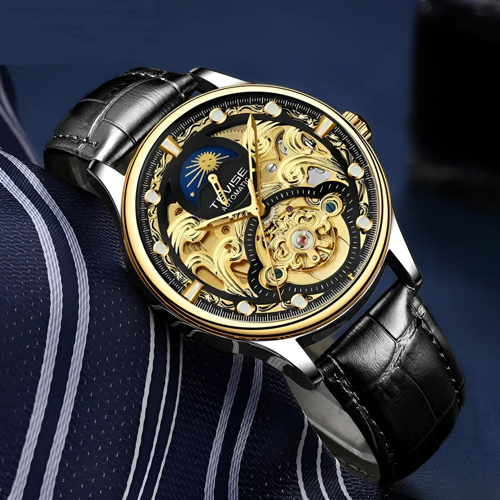 Gold and white leather strap men's automatic waterproof mechanical watch on wrist