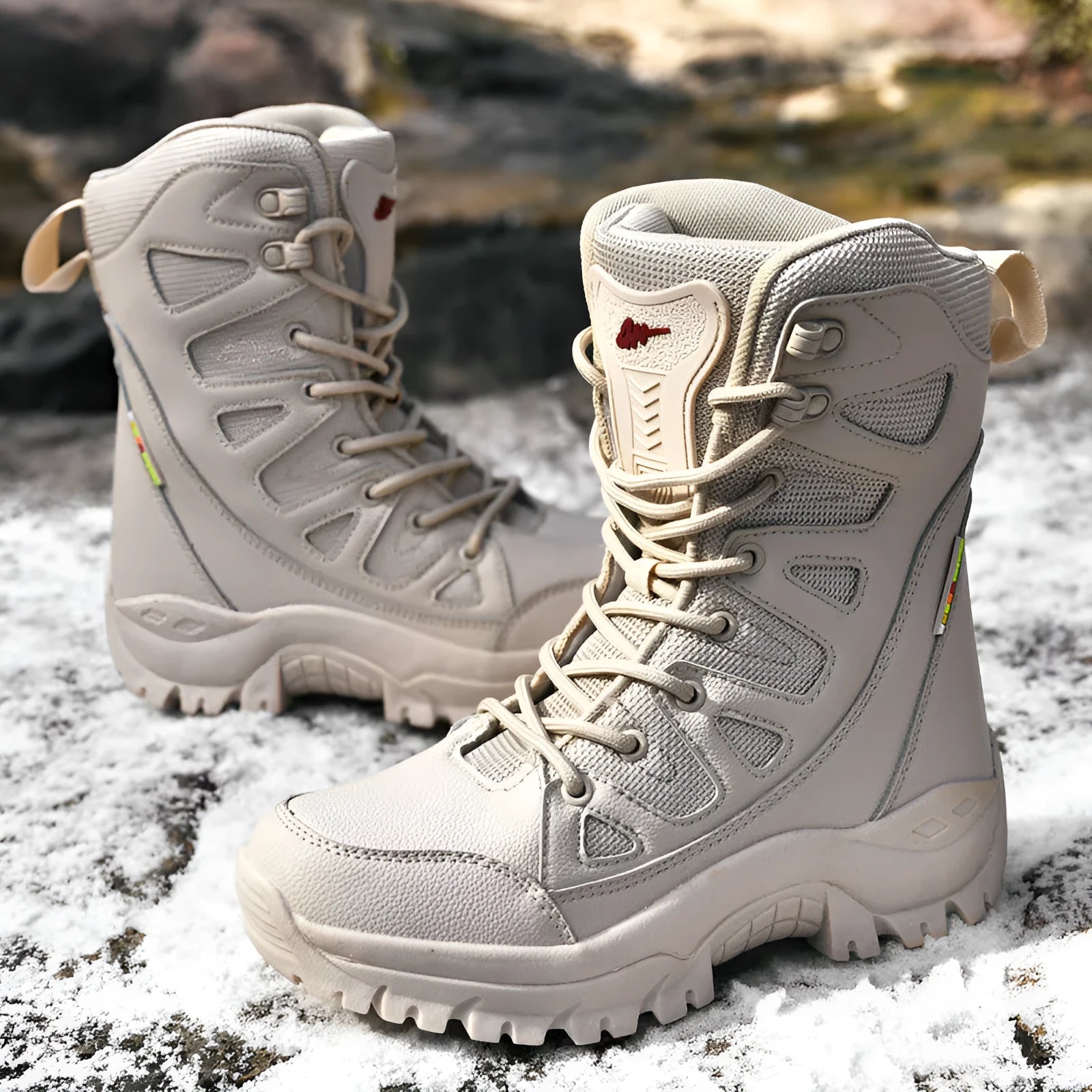 Cowhide leather hi-top hiking shoes with platform soles in beige, black or brown