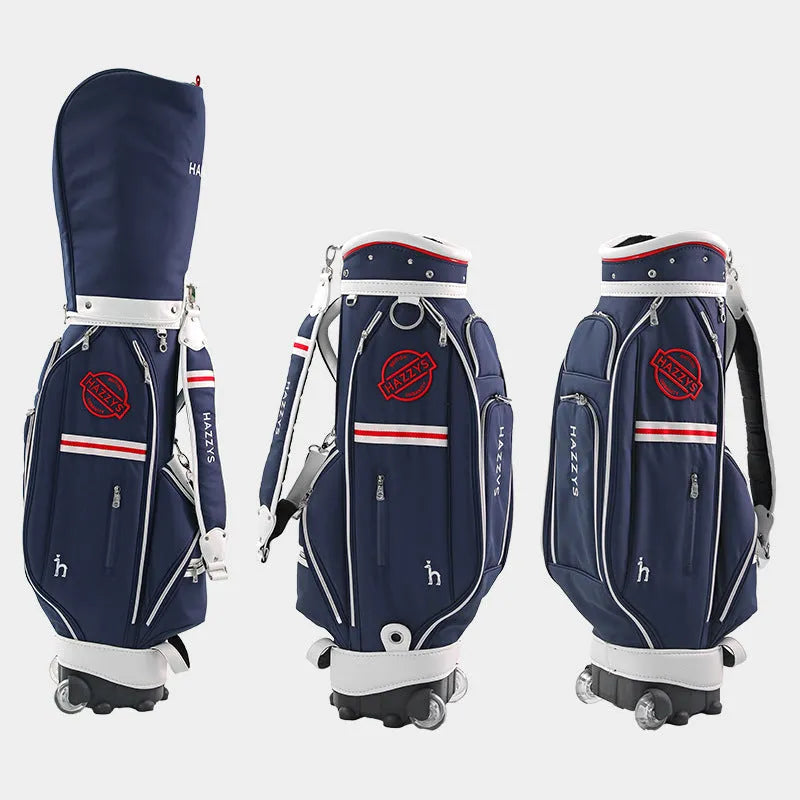 Dark blue pull rod golf bag with wheels and handle on a golf course