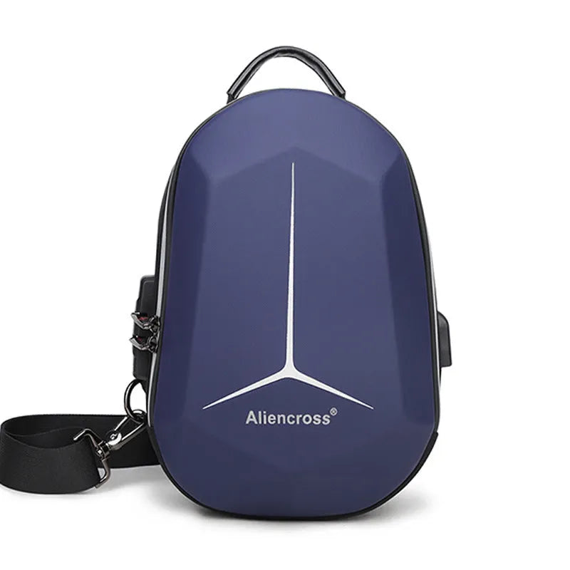 Waterproof Oxford cloth chest bag in black, shown with adjustable strap and main compartment open.