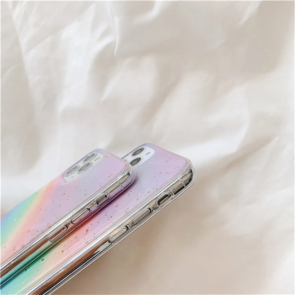 Rainbow gradient striped iPhone case made from flexible TPU material with protective shell design