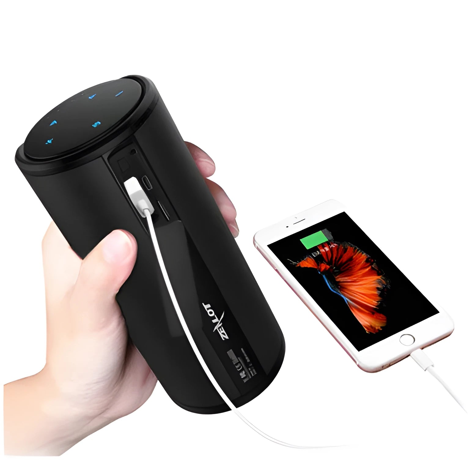 Compact portable Bluetooth speaker in black, blue, or red, showing control buttons for calls and music.