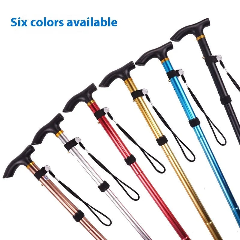 Adjustable aluminium folding walking cane in black with non-slip handle, shown extended and folded.
