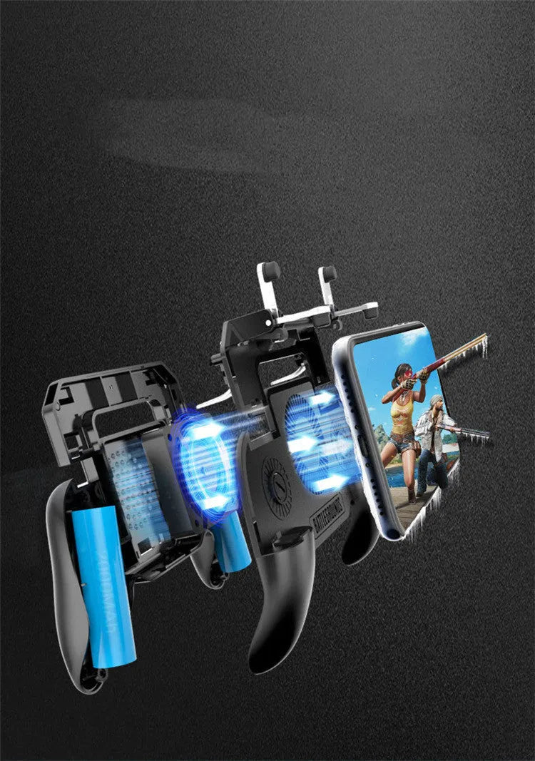 A black mobile game controller with USB cable, shot trigger, and grip buttons for smartphones.