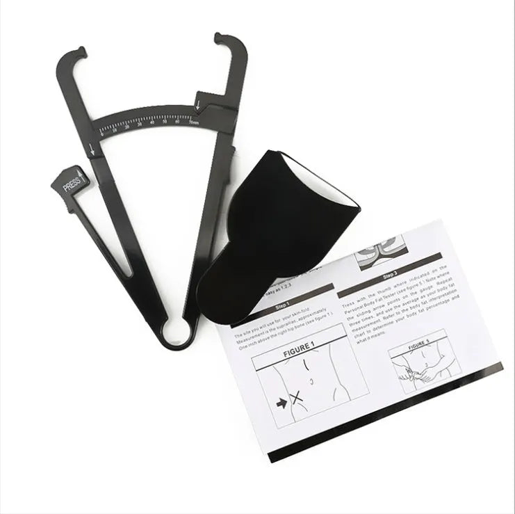 Black ABS body fat caliper measurement tool with digital display and cable