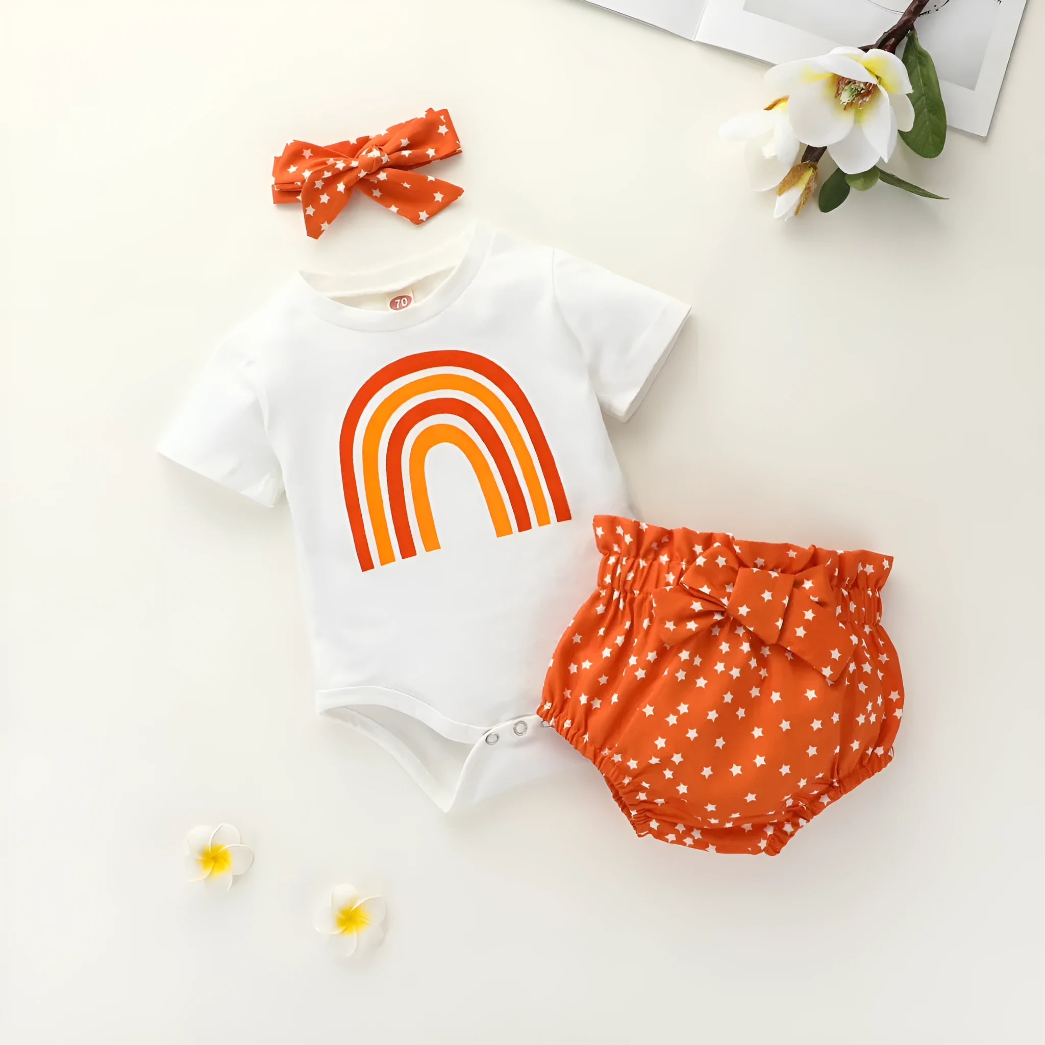 Girls' rainbow cotton romper three-piece set with cap, short sleeves, and shorts in beige