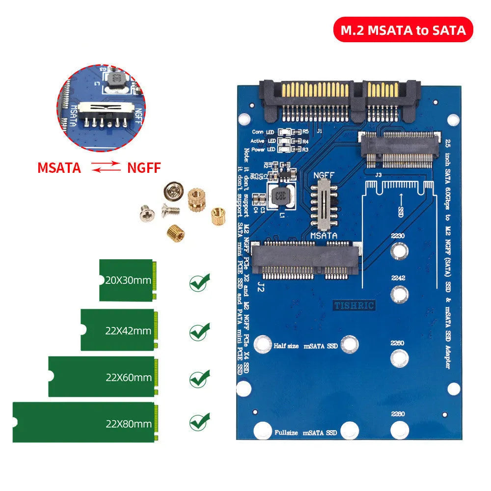 Black and blue SATA3 to M.2 NGFF mSATA SSD adapter card for storage upgrades