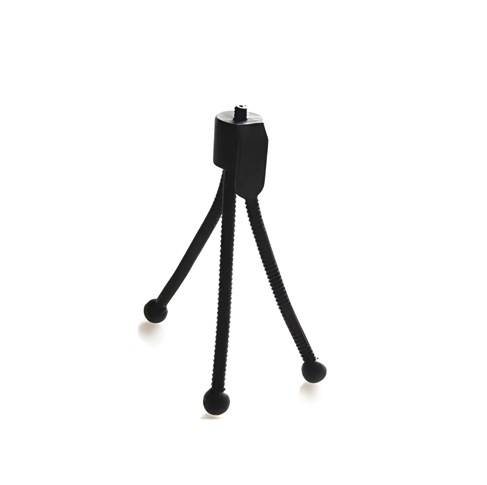 Small black iron mini tripod with ball head, shown collapsed to 110mm and extended on a desktop next to a smartphone.