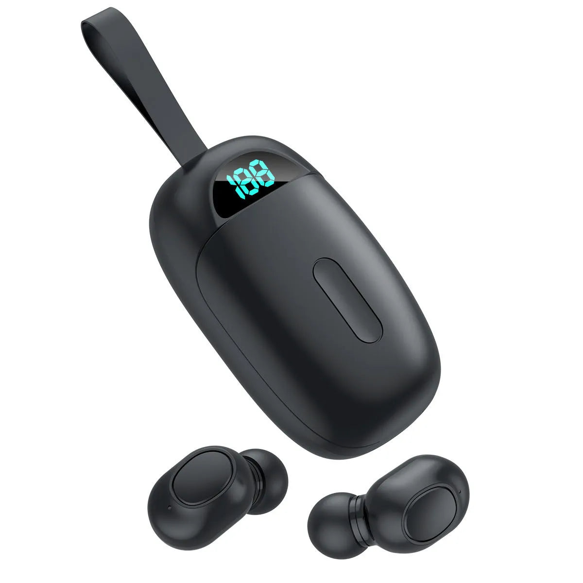 Black wireless Bluetooth TWS earphones with smart charging case displayed