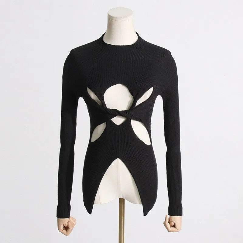Women's slim fit twist knit pullover semi-high neck polyester top in gray, black, khaki, white