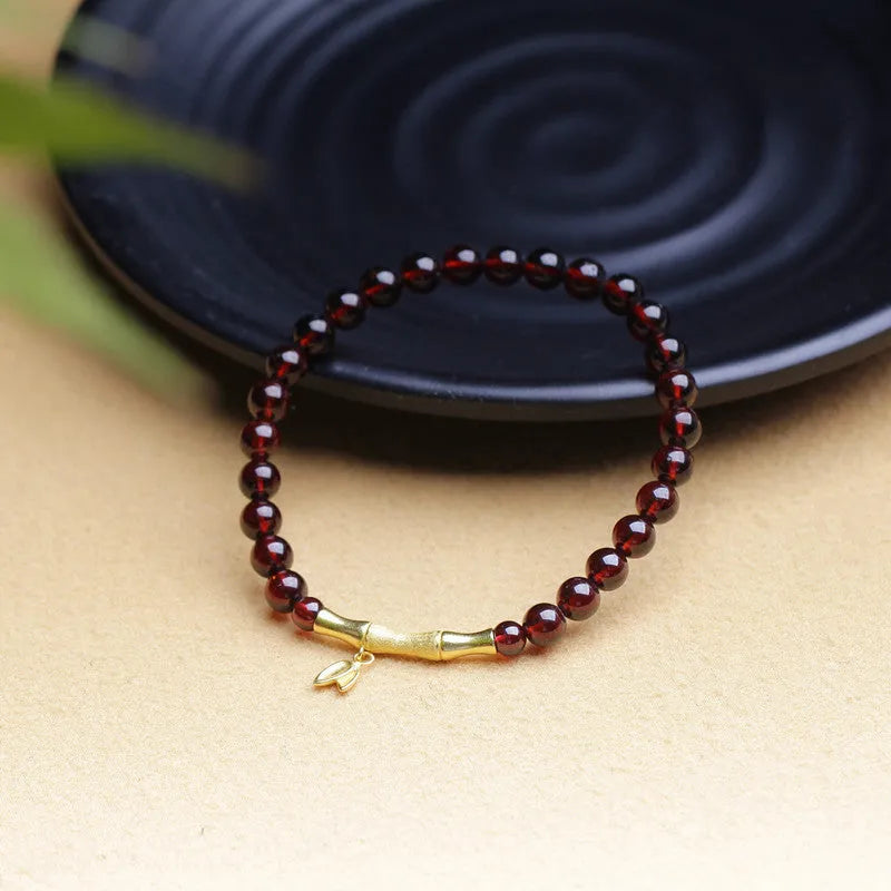 Natural garnet bamboo joint 6mm single ring bracelet in copper or silver finish