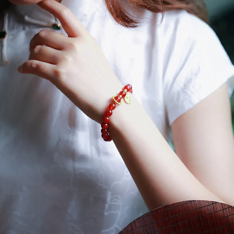 Natural red agate stone beaded bracelet with blessing card, available in 8mm or 10mm bead size.