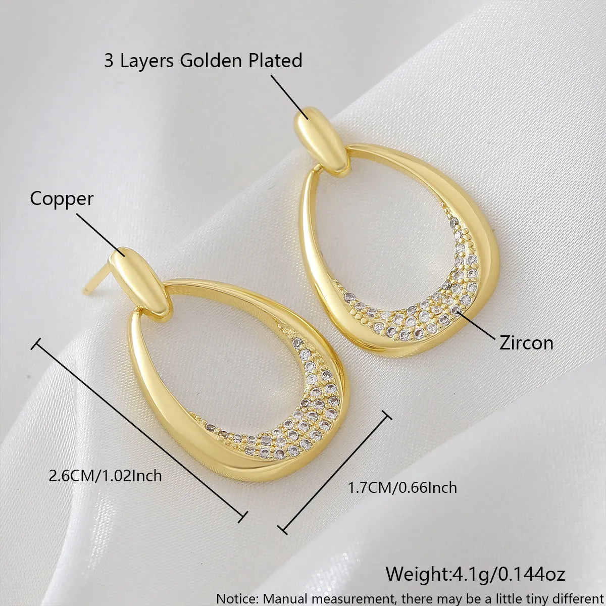 Yellow gold geometric ring drop earrings with electroplated finish on copper, 2.6 x 1.7 cm dimensions