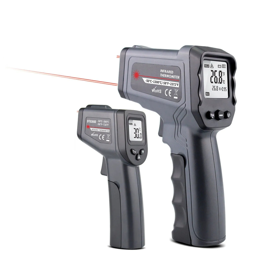 Black handheld infrared thermometer with LCD display, model covering -50 to 1600 degrees Celsius