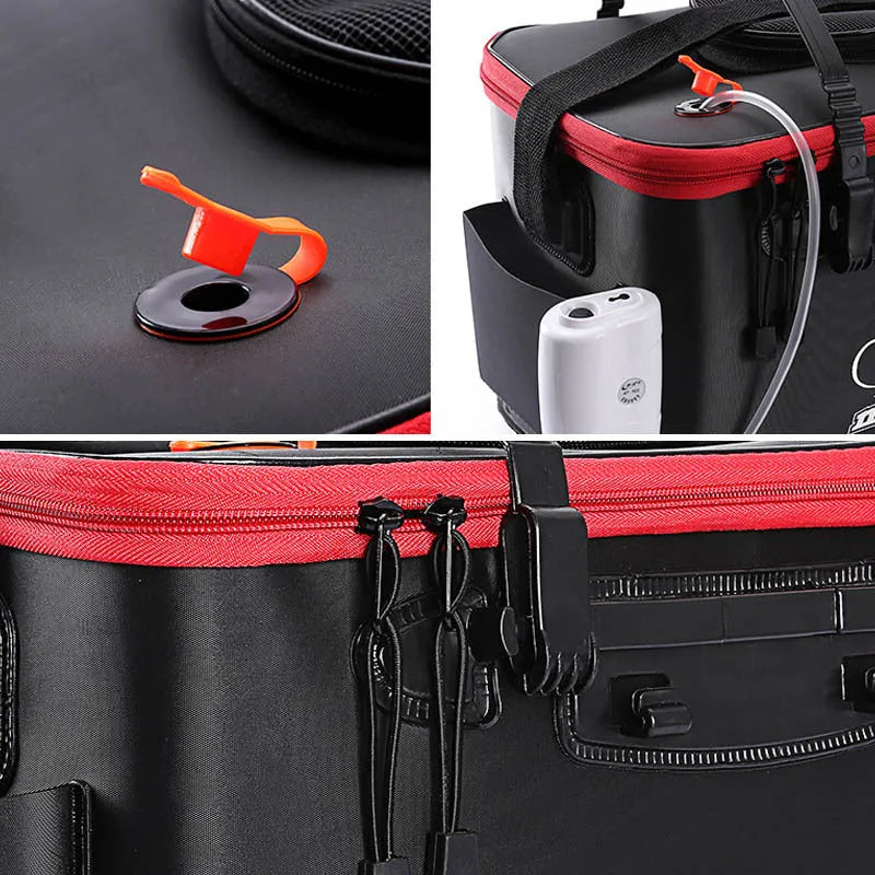 EVA portable fishing bag folding live fish box in black with thick nylon zipper