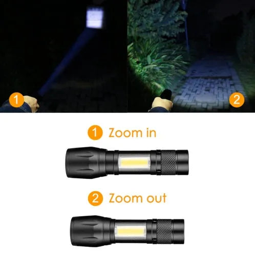 Black aluminium telescopic zoom LED flashlight with clip, shown zoomed in and out.