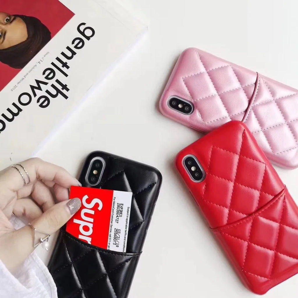 Genuine leather iPhone case in black, pink, and red colours for XS Max and iPhone 6-8 Plus models.