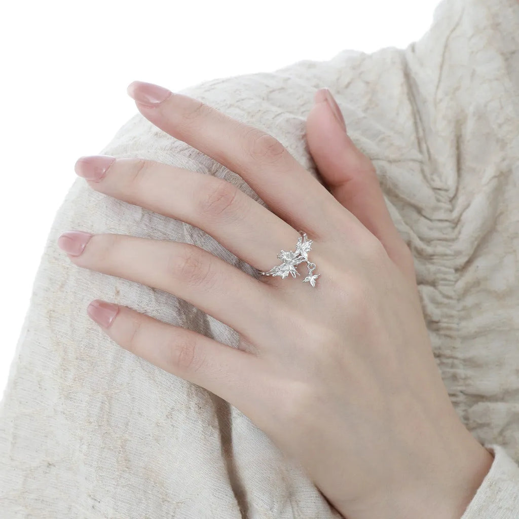 Adjustable silver butterfly ring with electroplated finish in gold colour options