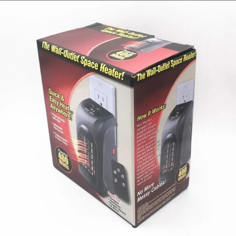 Flame retardant mini electric heater with 500W power and three speed settings on a desk