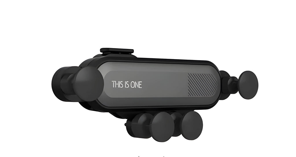 Universal car phone holder attached to a vehicle air vent, showing grey, red, black, and silver colour options