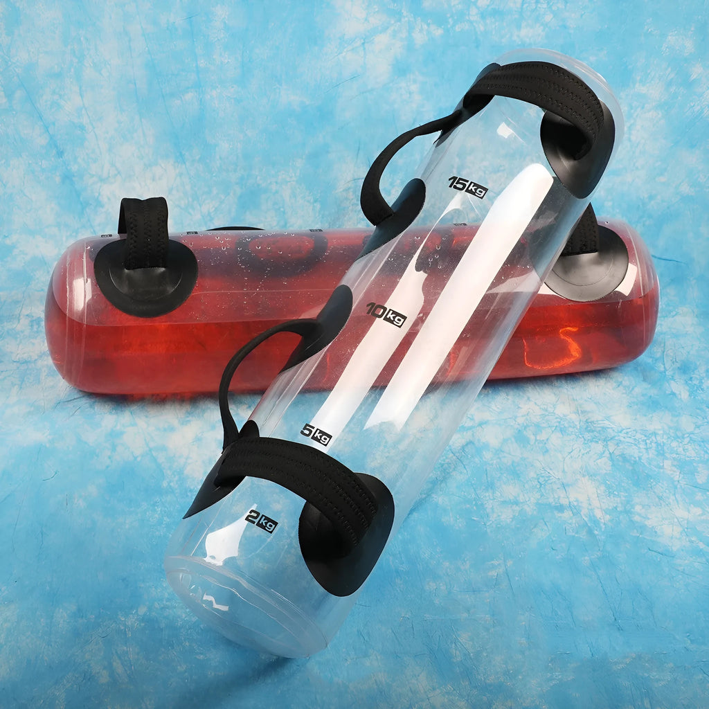 Transparent PVC water injection weight lifting bag showing adjustable water fill for strength training