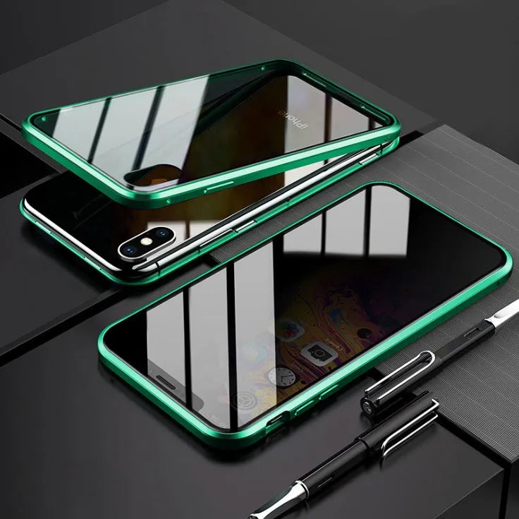 Black magnetic clamshell phone case for Samsung smartphones with glass construction and closed magnetic design