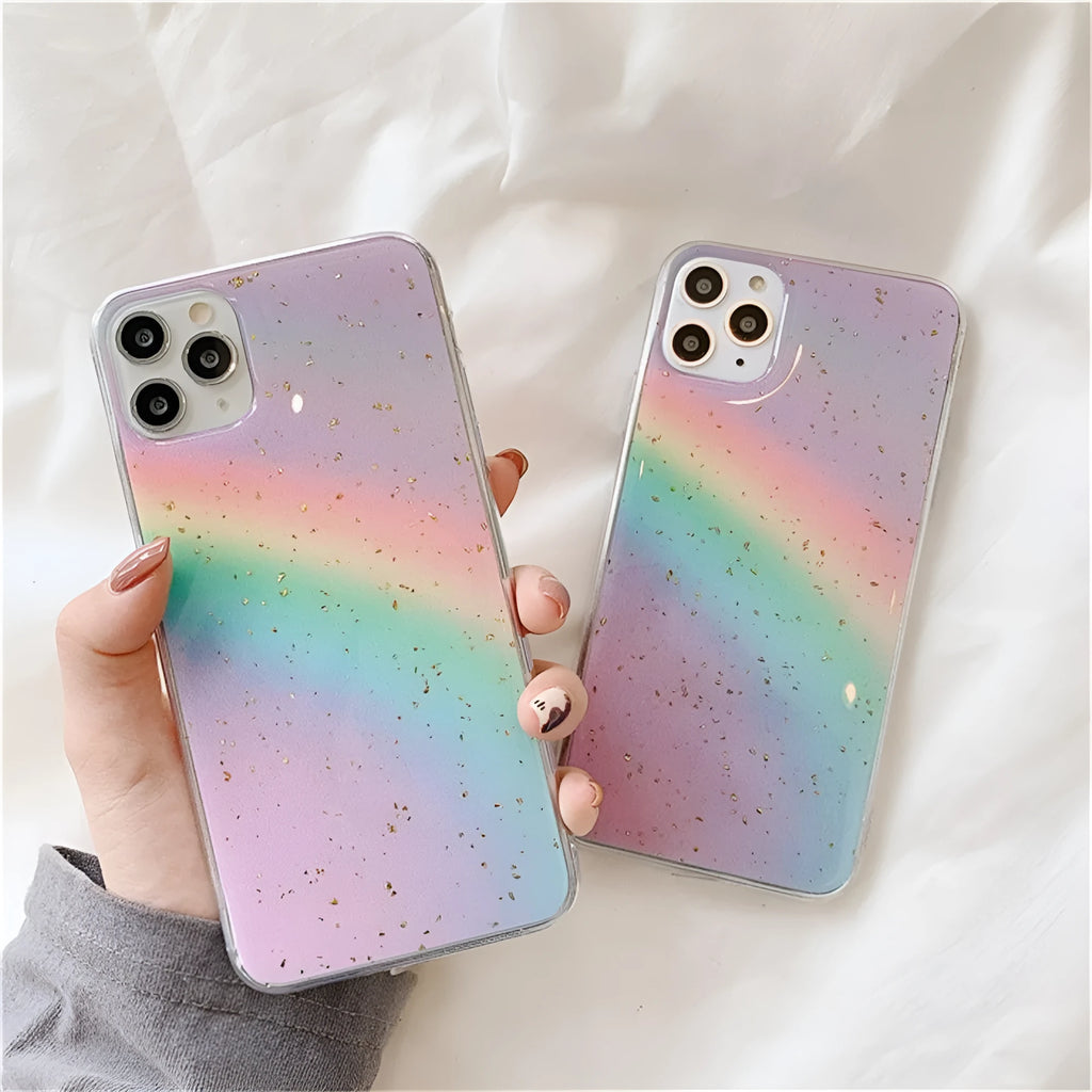 Rainbow gradient striped iPhone case made from flexible TPU material with protective shell design