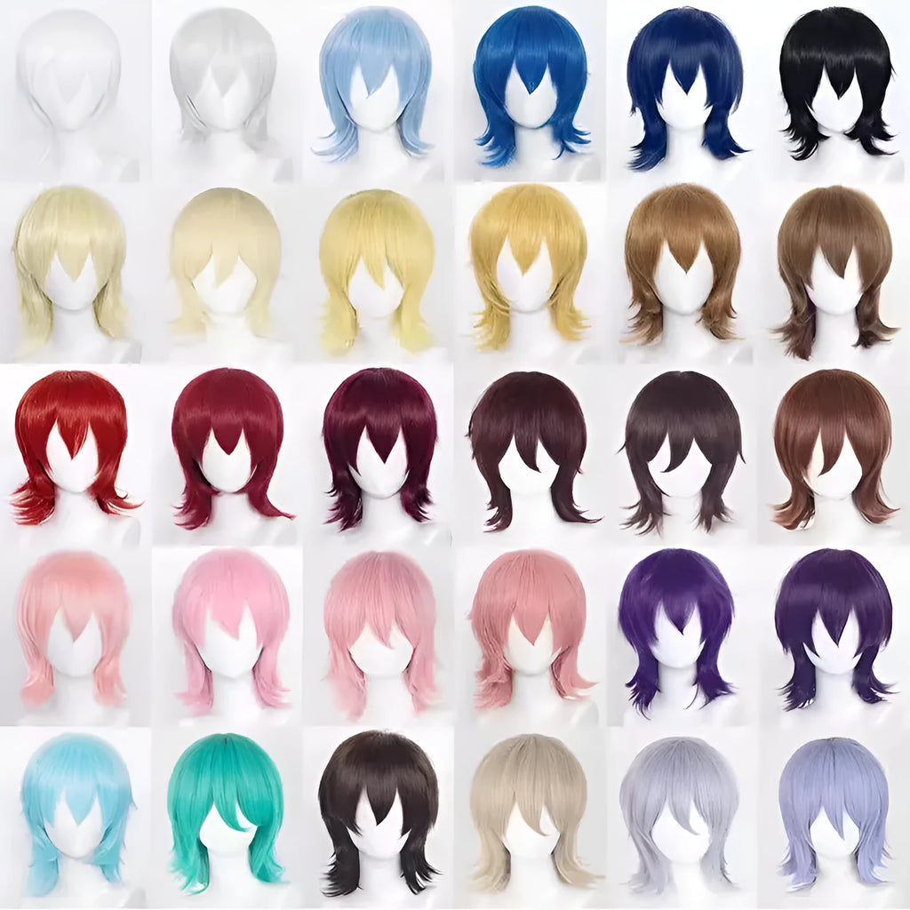 Men's short black anime cosplay wig made from high-temperature synthetic fibre on a stand.