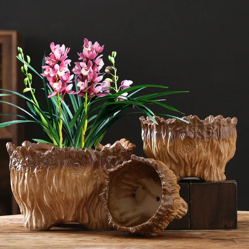 Ceramic flower pot in wood shaped tree root design for succulents, available in extra large size