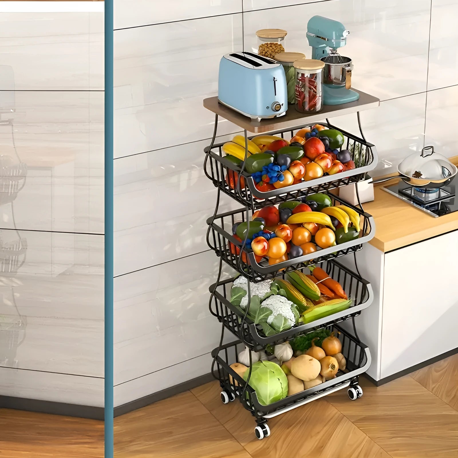 Black six-layer foldable kitchen trolley storage unit with carbon steel frame