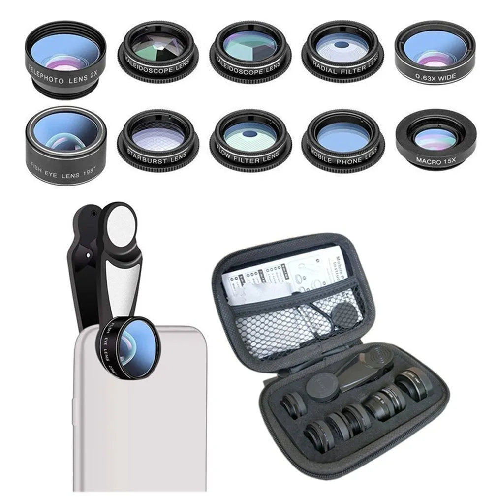Black ten-piece smartphone camera lens set with fisheye lens and metal housing on a table.