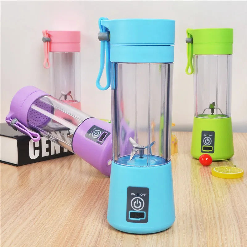 Portable pink USB electric fruit juicer with stainless steel blade and carrying rope