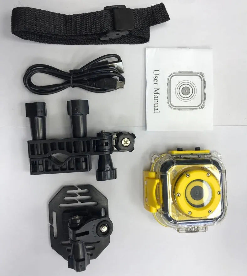 Yellow children's waterproof sports camera with 1.77-inch screen showing video playback