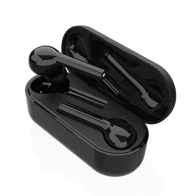 Black or white wireless in-ear headphones with charging case showing touch controls and Bluetooth 5.0 connectivity
