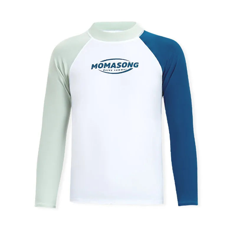 Men's white long-sleeved swim top with colour-matched beach swim trunks set on a beach.
