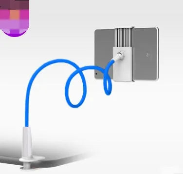 Bedside long-arm mobile phone holder in aluminium alloy and plastic on a table.