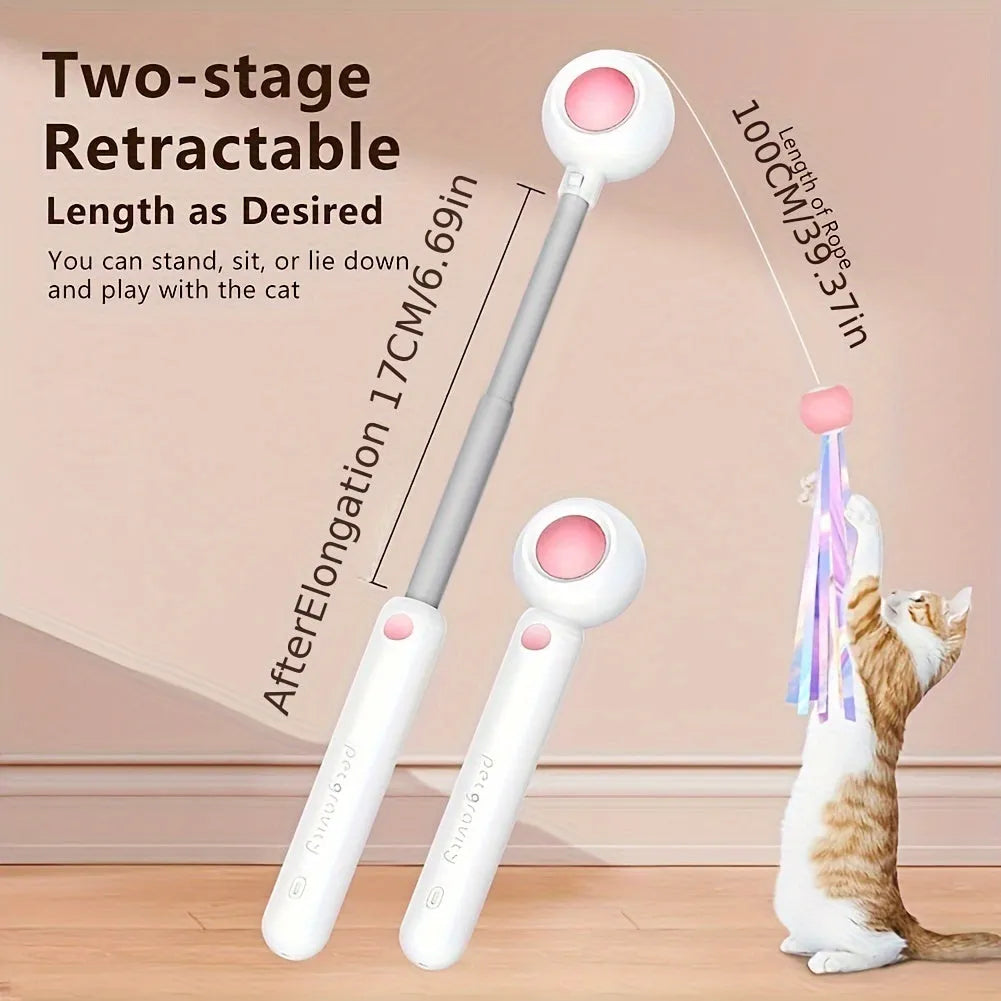 Retractable cat teaser stick with replacement feather head, 85g, available in blue or pink