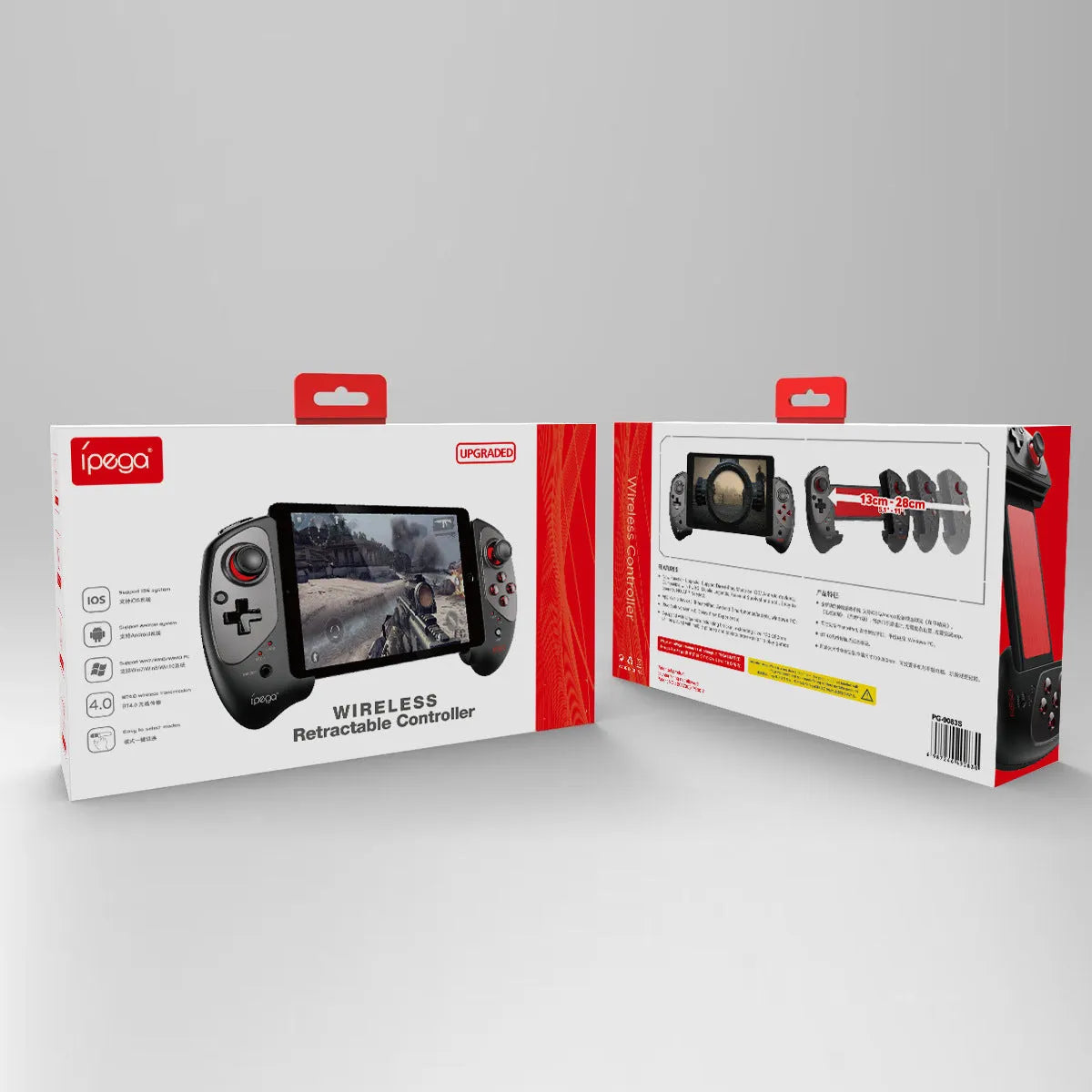 Red telescopic Bluetooth gamepad controller with USB cable for Android, iOS, and PC gaming