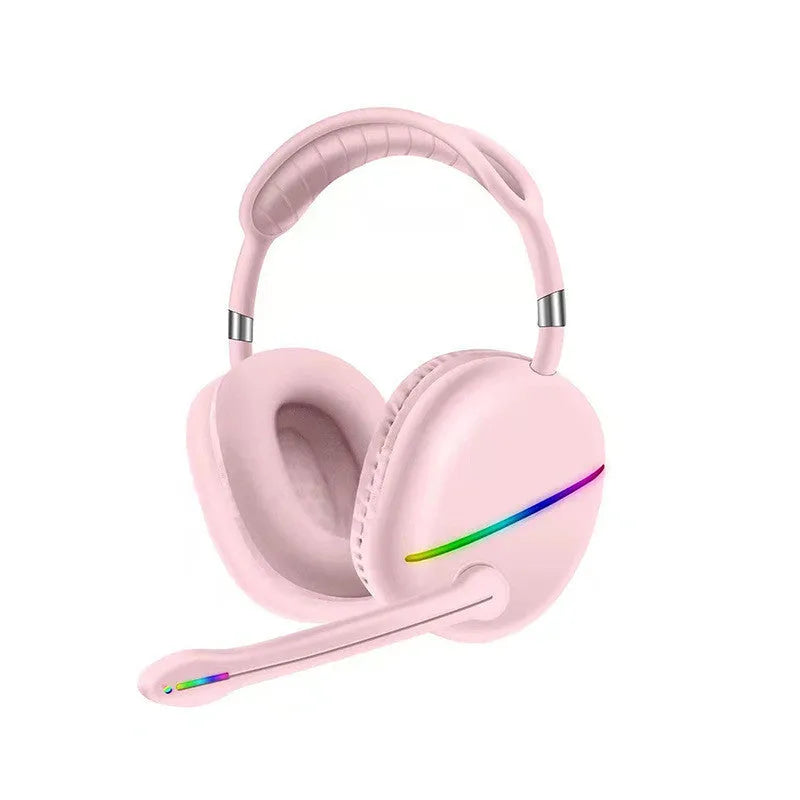 Blue wireless Bluetooth headset with glowing RGB lights on the earcups, showing over-ear design.