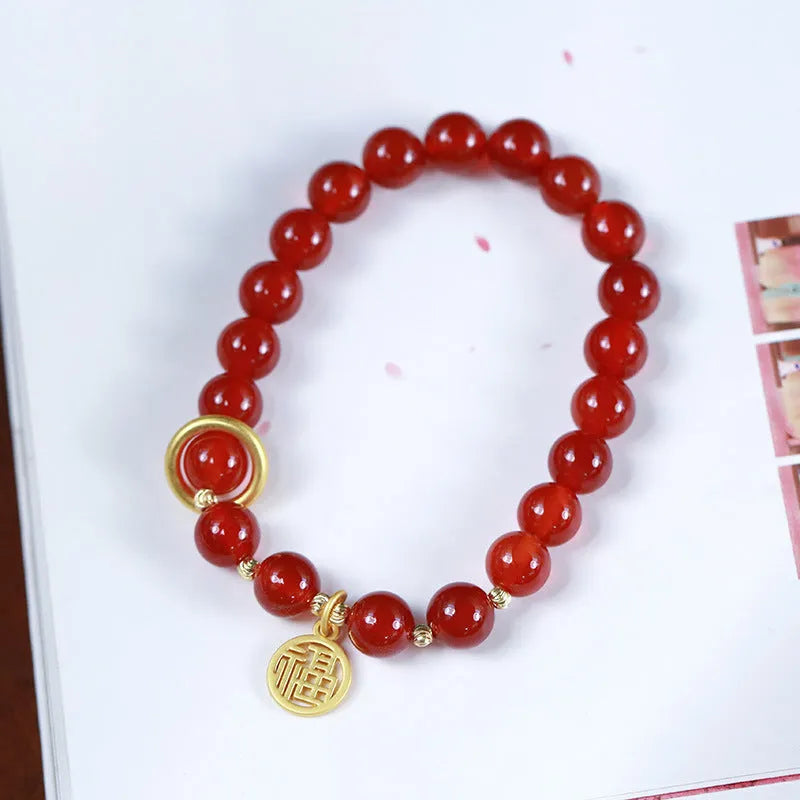Natural red agate stone beaded bracelet with blessing card, available in 8mm or 10mm bead size.
