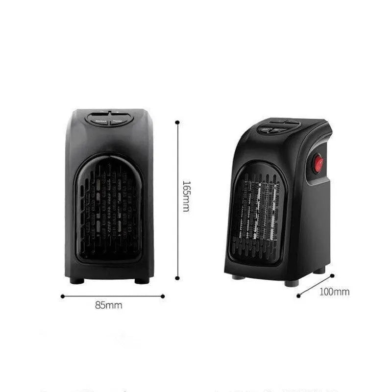 Flame retardant mini electric heater with 500W power and three speed settings on a desk