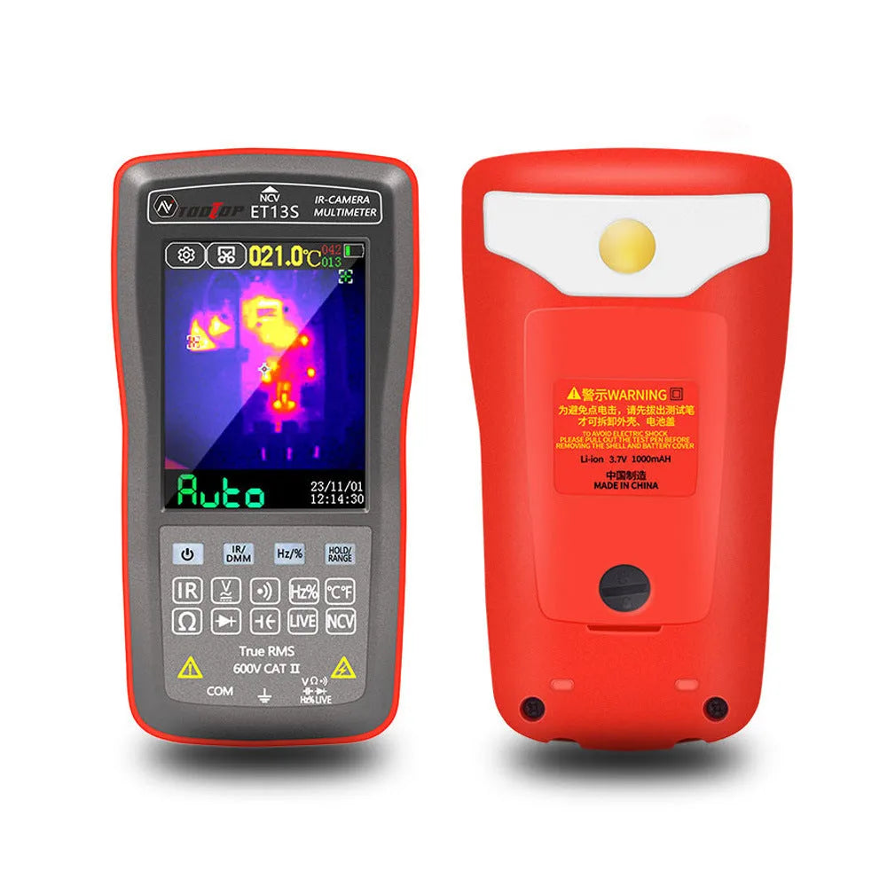 ET13S Pro handheld thermal imaging camera and infrared thermometer on a workbench.