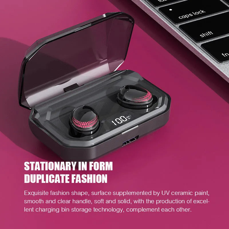 Black X10 Bluetooth wireless headset with charging case showing 8-hour call time and 3000mAh battery