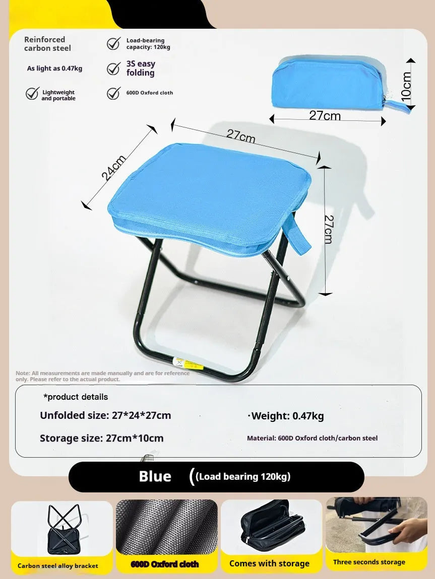 Lightweight foldable camp chair stool in Oxford cloth, shown in a khaki colour with carry handle.