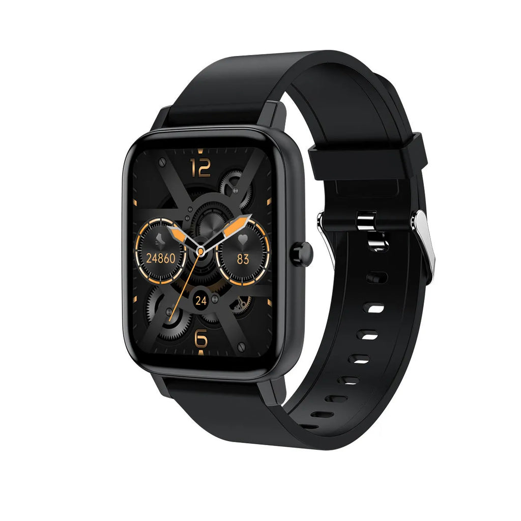 H80 black smart watch with 1.69-inch screen on a silicone strap, displaying ECG and heart rate data