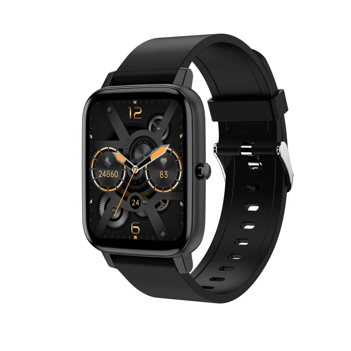 H80 black smart watch with 1.69-inch screen on a silicone strap, displaying ECG and heart rate data