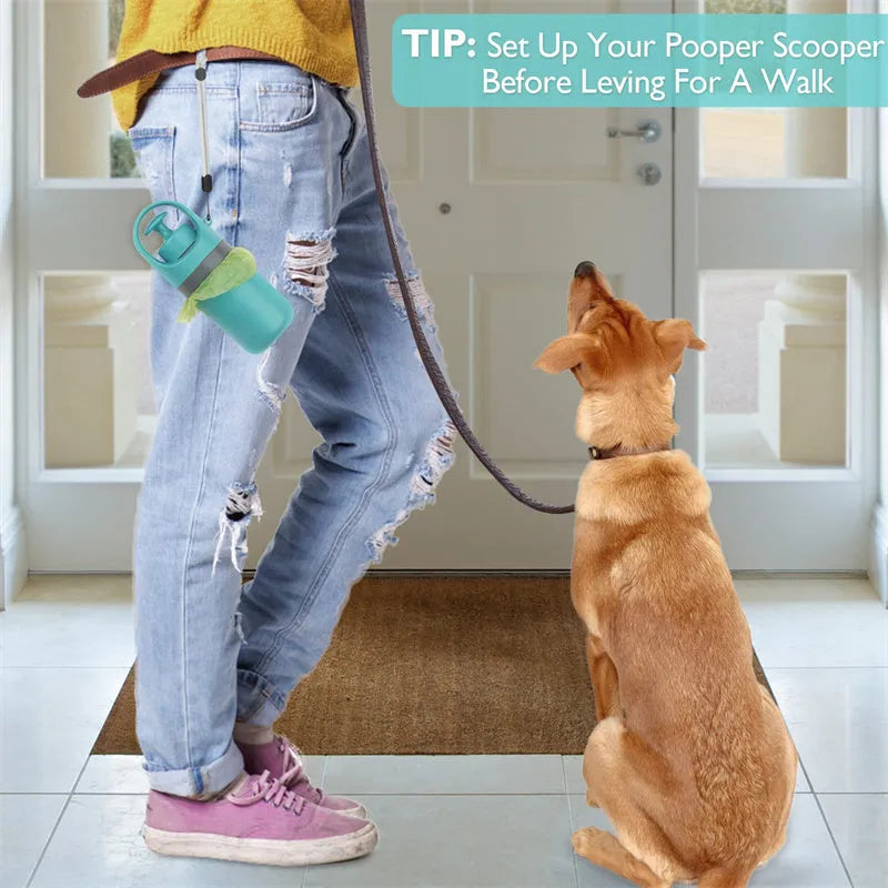 Blue portable dog pooper scooper with claw mechanism and built-in bag dispenser