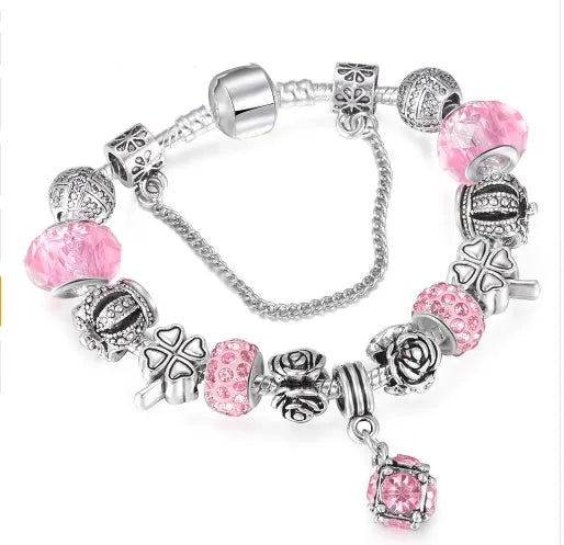 Multicolour beaded bracelet with alloy, glazed, and diamond beads on a white background