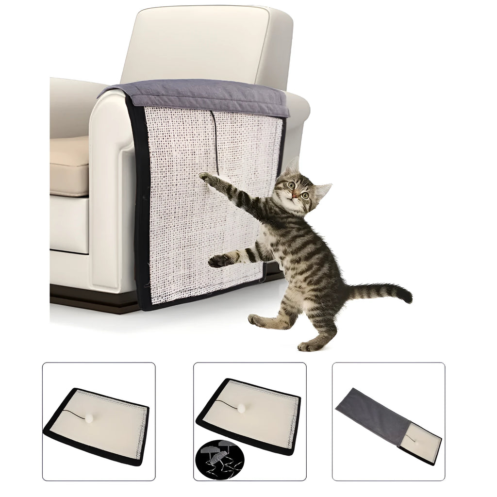 Beige cat scratch board made of sword sisal and cotton linen on sofa arm, 40x29cm furniture protection mat