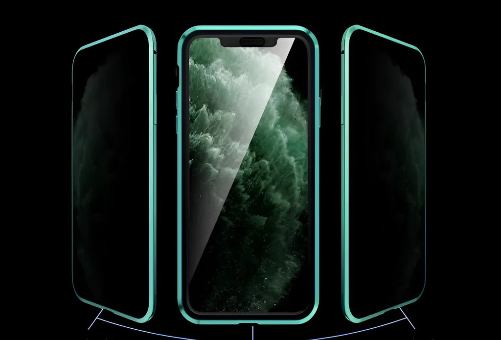 Black double-sided glass magneto clamshell case for iPhone showing magnetic closure and anti-peeping screen.